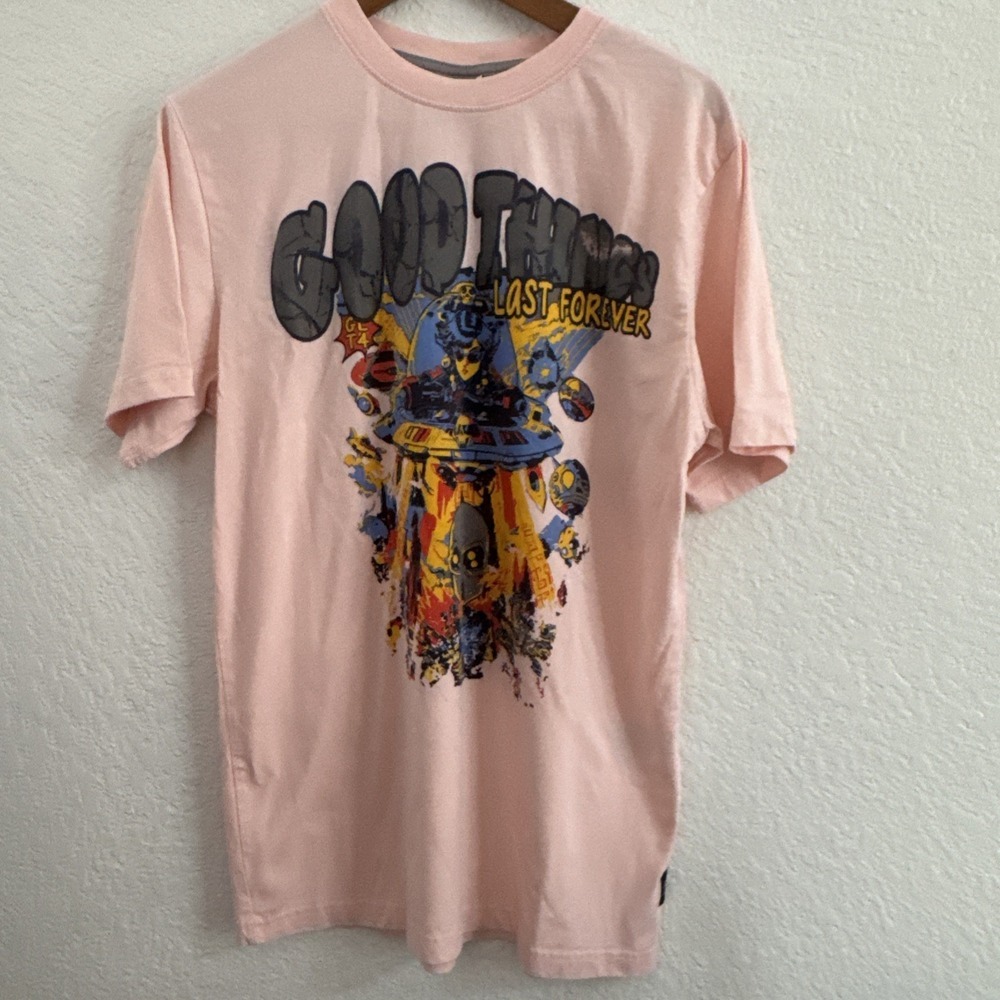 GTL4 Good Things Last Forever Alien UFO Graphic T-Shirt Peach Size L Streetwear